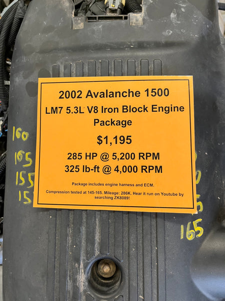2002 Avalanche 1500 LM7 5.3L V8 Iron Block Package, Stock #ZK8089